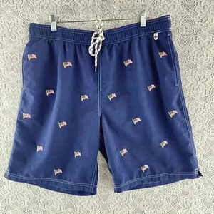 Lands' End Blue All Over Print American Flag Embroidered Men's Swim Trunk L